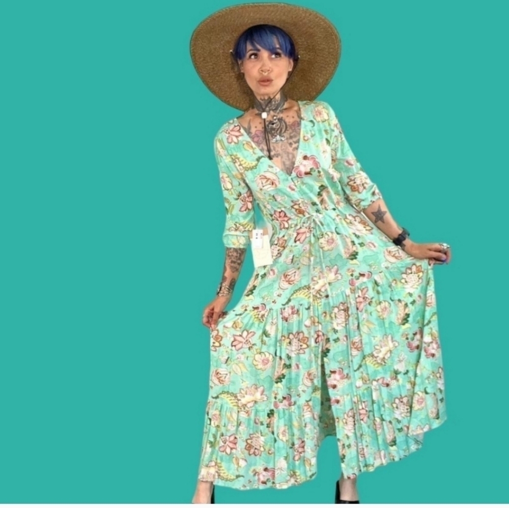 Sunday Mi Amor Boho-Chic Floral Maxi Dress Festival Resort-Wear XS Green Rayon